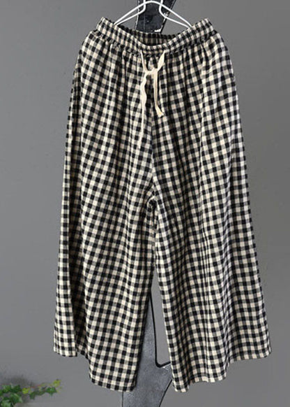 Large Plaid Elastic Waist Linen Wide Leg Pants Summer