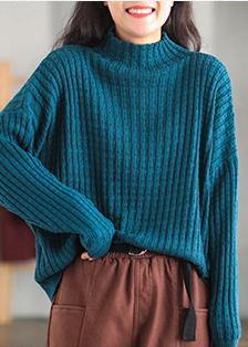 Pullover Black Sweater Blouse High Neck Cinched Loose Fitting Knitted Blouse