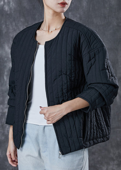 Unique Black O-neck Zip Up Fine Cotton Filled Coat Spring