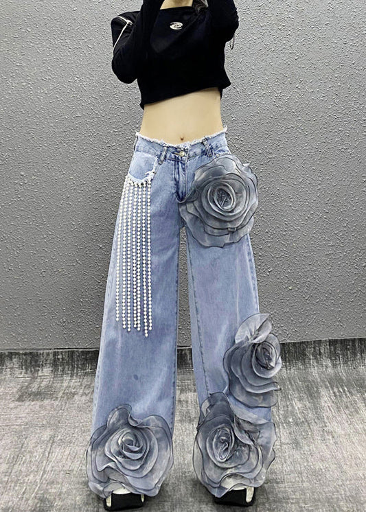 Blue Pockets Bead Tassel Denim Pants Fall