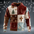 Comstylish Men's Christmas Elements Patchwork Hooded Flannel Sweatshirt