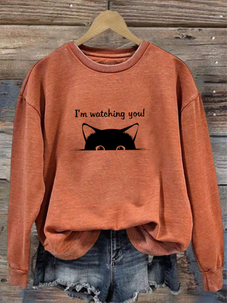I'm Watching You! Black Cat Print Sweatshirt elevenforest