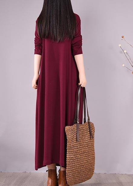 Vivid Burgundy Embroidery Tunic Pattern High Neck Cinched Spring Dress