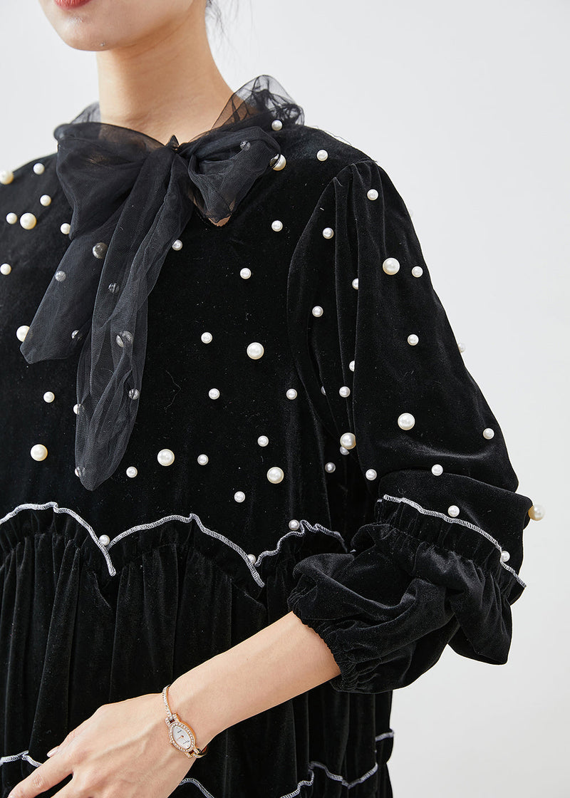 Black Ruffled Patchwork Nail Bead Silk Velour Maxi Dresses Fall