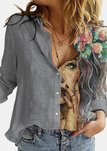 Blue Button Peter Pan Collar Linen Shirts Long Sleeve