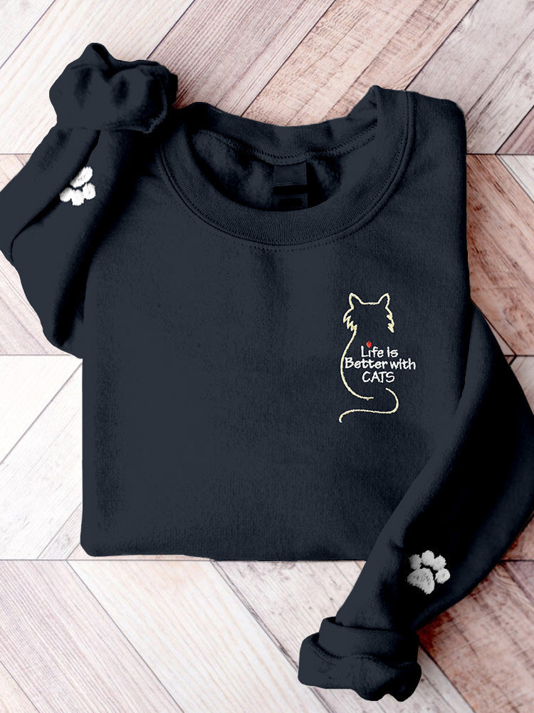 Life Is Better With Cats Embroidered Comfy Sweatshirt elevenforest