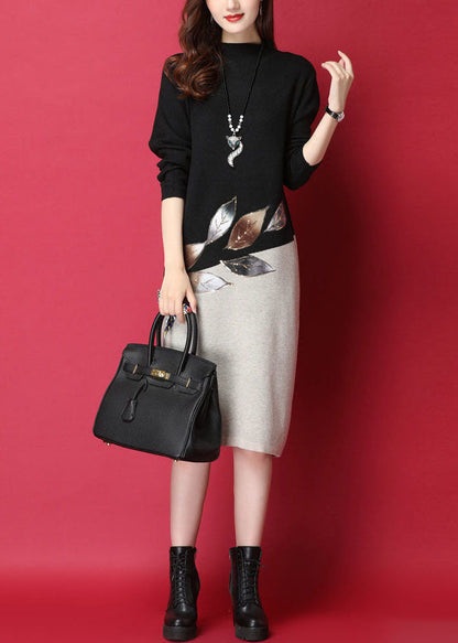 Fitted Black Stand Collar Patchwork Knit Sweater Dress Long Sleeve