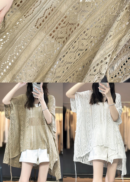 White V Neck Hollow Out Knit T Shirts Summer