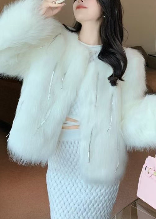 White Fluffy Tasseled Coats Winter