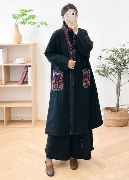 Mulberry V Neck Embroideried Pockets Fine Cotton Filled Coat Winter