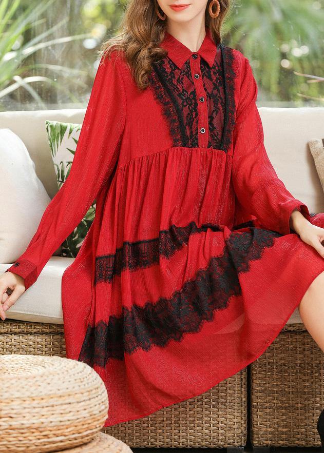 Modern Red Patchwork Peter Pan Collar Chiffon Summer Dresses