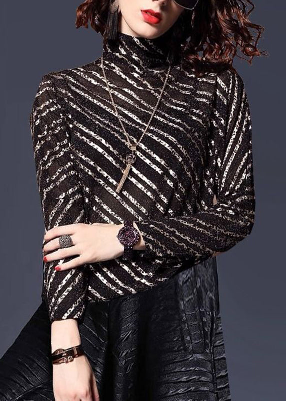 Black Stand Collar Striped Top Batwing Sleeve