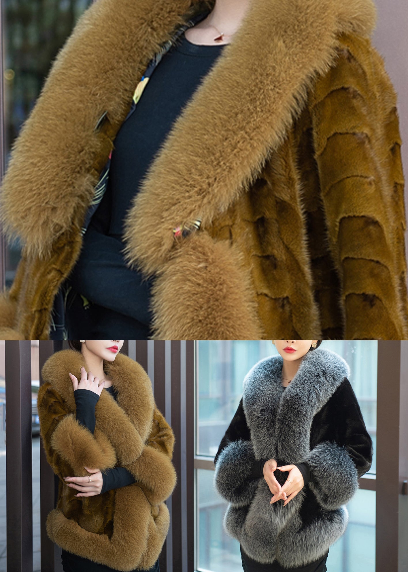 New Grey Fur Collar Pockets Patchwork Leather and Fur Coats Winter