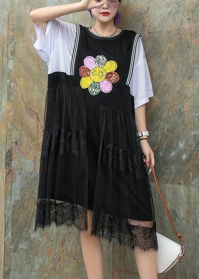Black Nail Bead Print Asymmetrical Design Patchwork Fall Mid Dress Half Sleeve