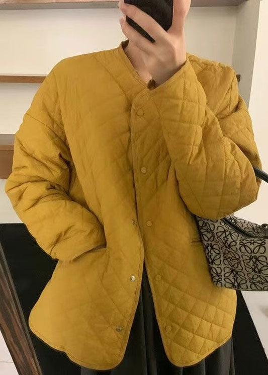 Yellow O Neck Pockets Fine Cotton Filled Jackets Fall