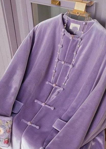 Chinese Style Purple O-neck Embroidered Button Silk Velour Tops Spring