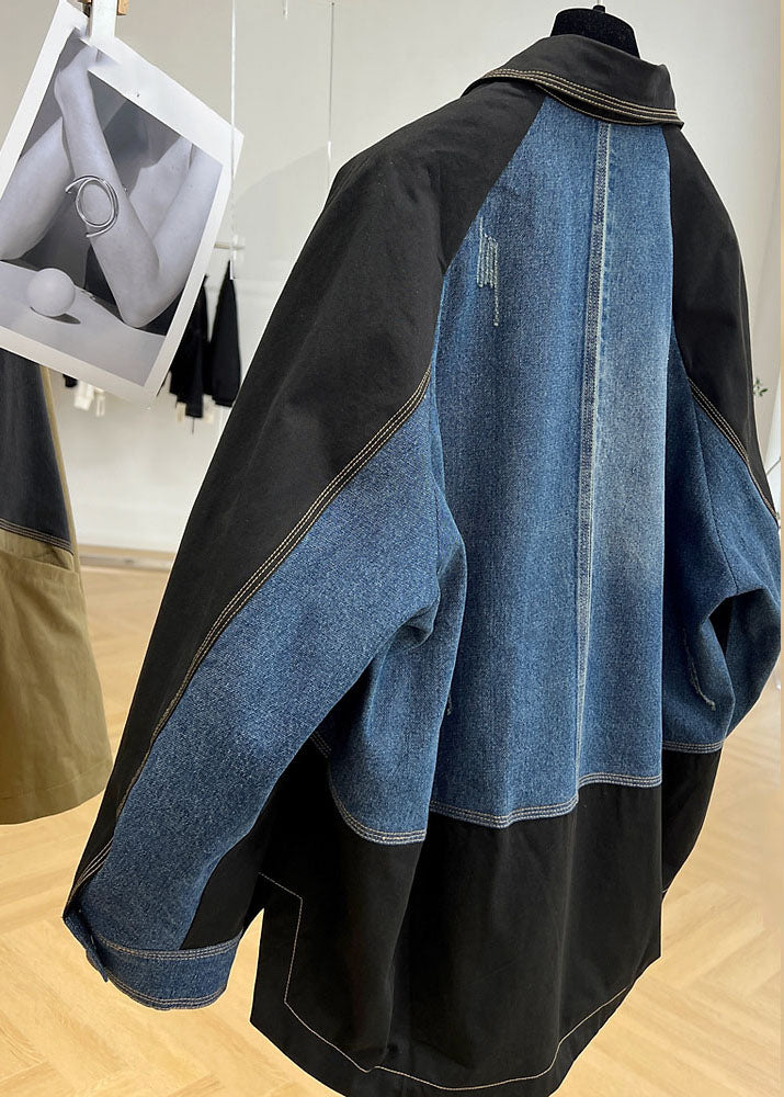 Khaki Notched Pockets Patchwork Button Coat Long Sleeve Spring