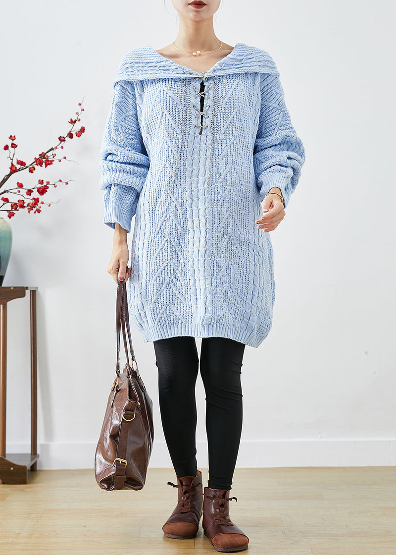 Sky Blue Hooded Oversized Knit Sweater Dress Fall