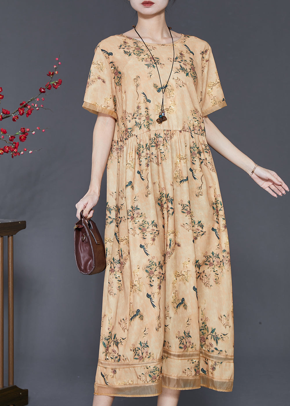 Yellow Print Exra Large Hem Silk Dresses Summer