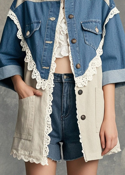 Modern Colorblock Oversized Lace Patchwork Denim Coat Half Sleeve