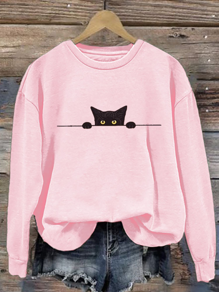 Comstylish Women's Casual Funny Black Cat Print Sweatshirt