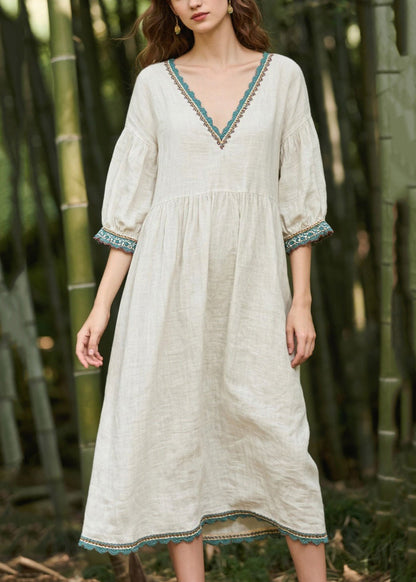 White Oversized Patchwork Linen Maxi Dresses Summer
