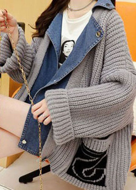 Stylish Grey Denim Patchwork Knit Fall Sweaters Coat