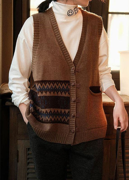 Chocolate V Neck Button Fall Pockets Sleeveless Waistcoat