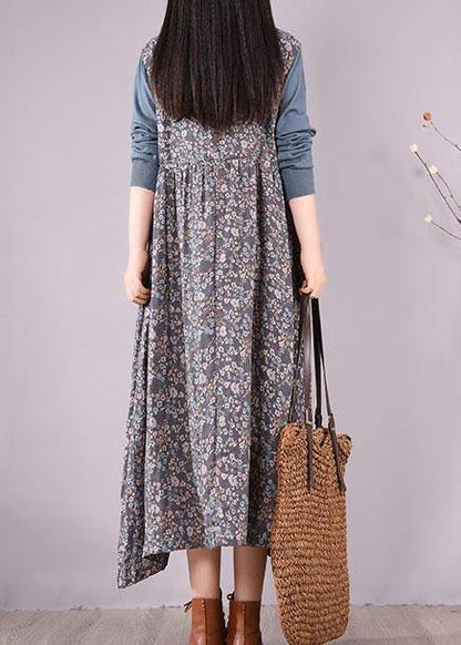 Blue Patchwork Print Dresses O Neck Lace Robe Spring Dresses
