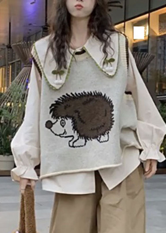Grey O-neck Animal Print Cotton Knit Waistcoat Fall