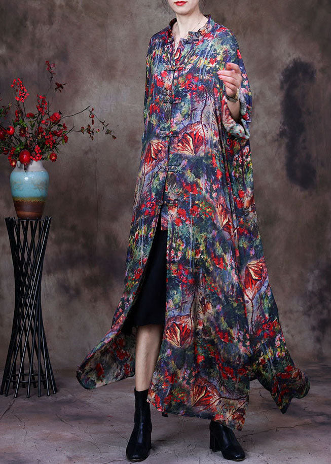 Red Print Oriental Button Silk Trench Coats Long Sleeve