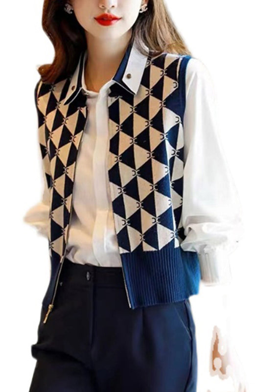 Navy Peter Pan Collar Asymmetrical Knit Waistcoat Sleeve