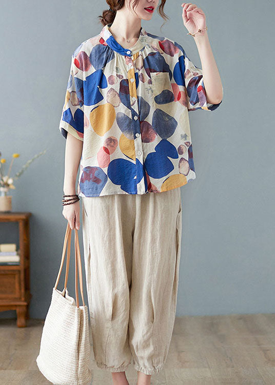 Blue Stand Collar Button Print Fall Half Sleeve Shirt Top