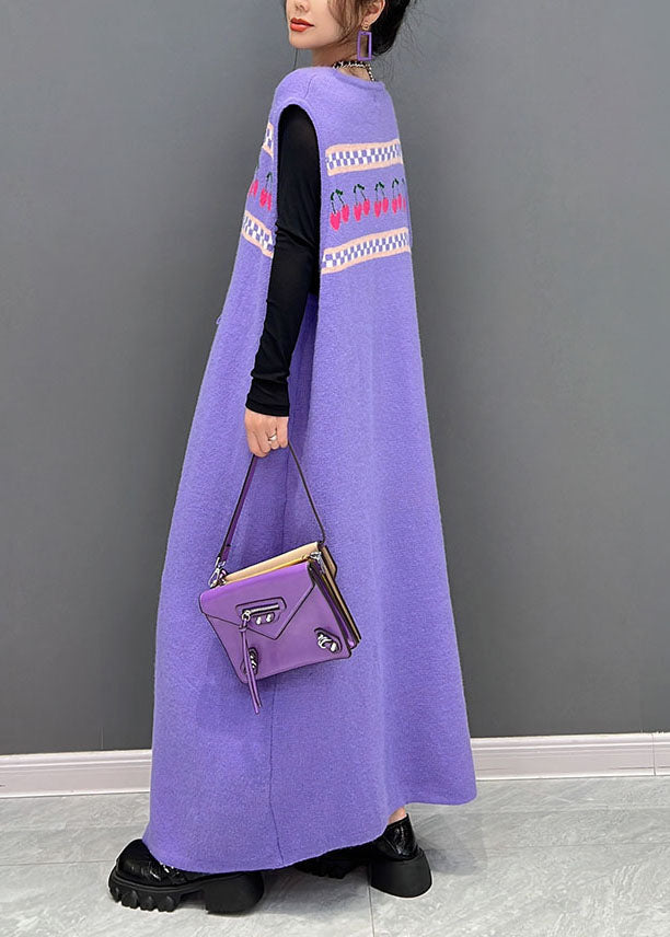 Purple Print Side Open Cashmere Knit Long Dresses Sleeveless