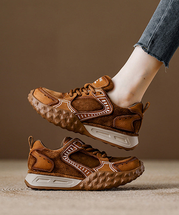 Camel Suede Flat Shoes Splicing Lace Up