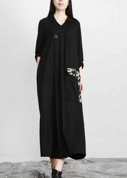 Modern Black Patchwork Print V Neck Pockets Fall Dresses