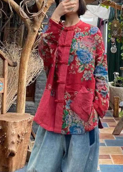 Red O-neck Print Button Pockets Cotton Top Long Sleeve