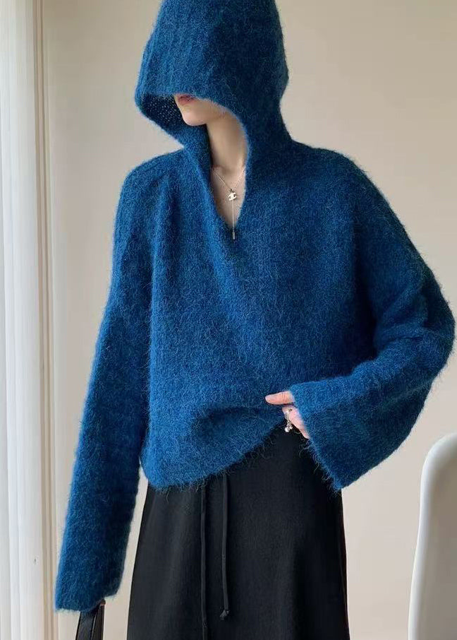 Stylish Blue Hooded Oversized Knit Pullover Spring