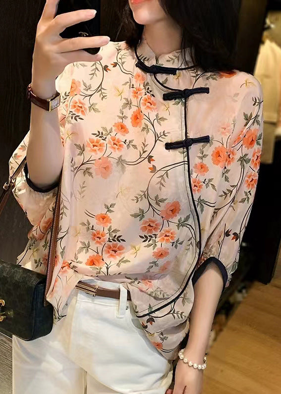 Pink Print Button Side Open Chiffon Shirt Bracelet Sleeve