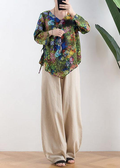 Green Print Tie Waist Linen Summer Shirt Top
