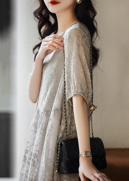 Grey Embroideried Wrinkled Patchwork Lace Dresses Summer