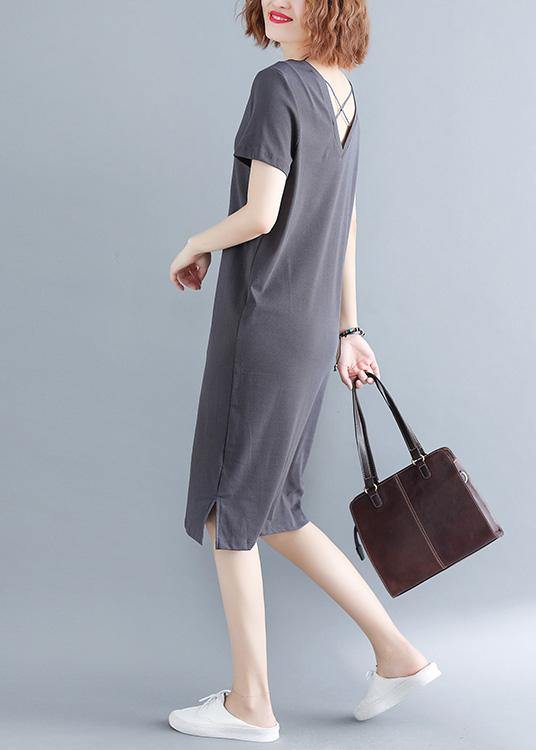 Grey V Neck Vacation Summer Cotton Dress