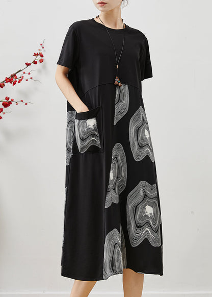 Black Oversized Patchwork Print Cotton Long Dress Summer