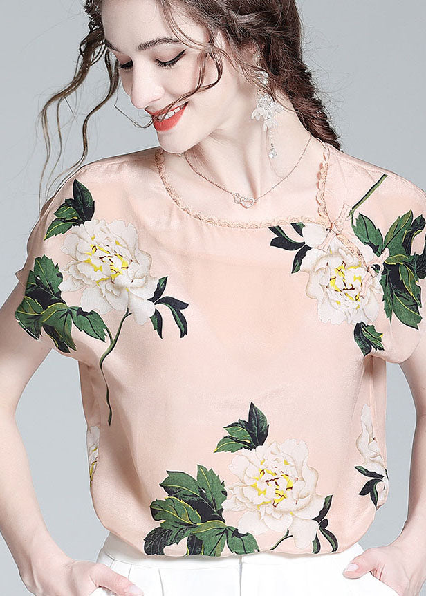 French Pink O Neck Print Patchwork Oriental Button Silk Tops Summer