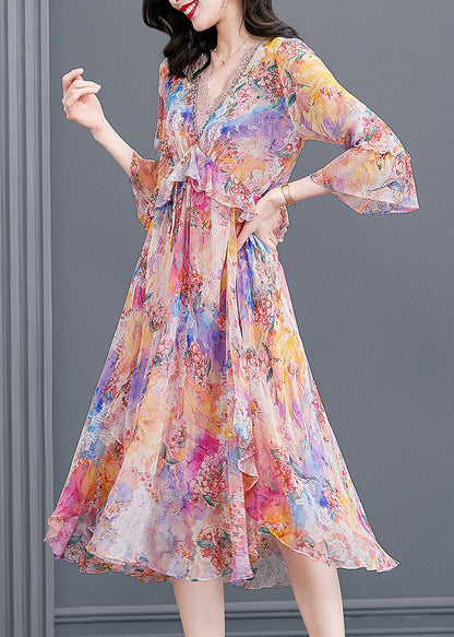 Light Pink V Neck Print Patchwork Flare Dress Fall