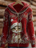 Christmas Cat Sticker Diamond Hooded Cardigan Sweater elevenforest