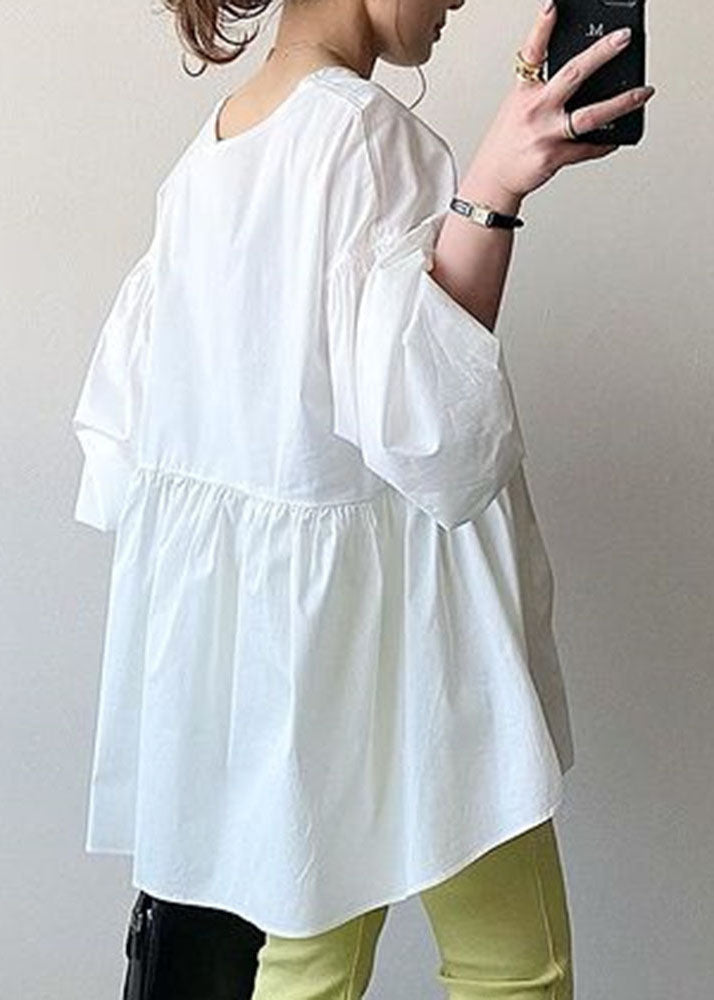 White O Neck Patchwork Cotton Shirt Tops Lantern Sleeve
