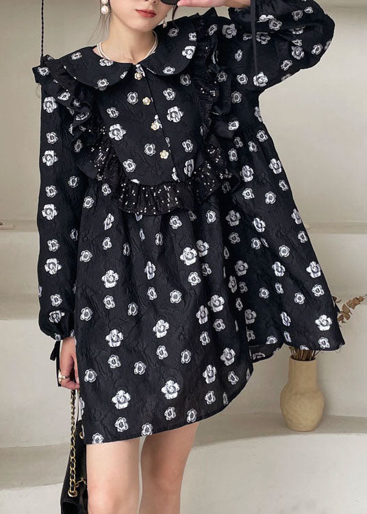 Black Print Ruffled Mini Dress Spring