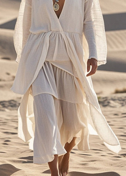White V Neck Asymmetrical Design Cotton Dress Fall