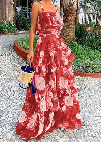 New Photo Color Print Tank and Skirts Two Pieces Set Sleeveless Summer